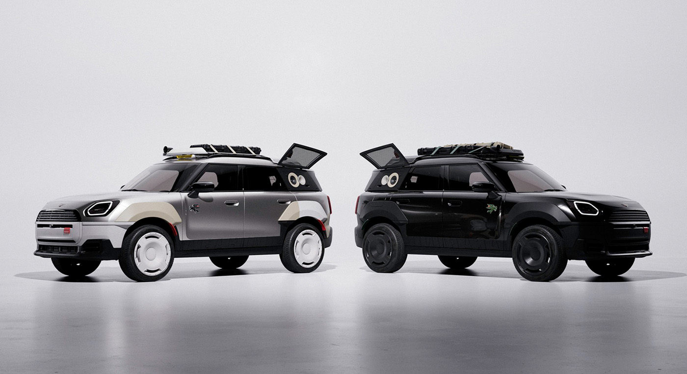 Two modern SUVs MINI x Vagabund with roof racks are parked on a white surface. One is silver with tan accents, and the other is black. Both have rear doors open, highlighting a rugged design.
